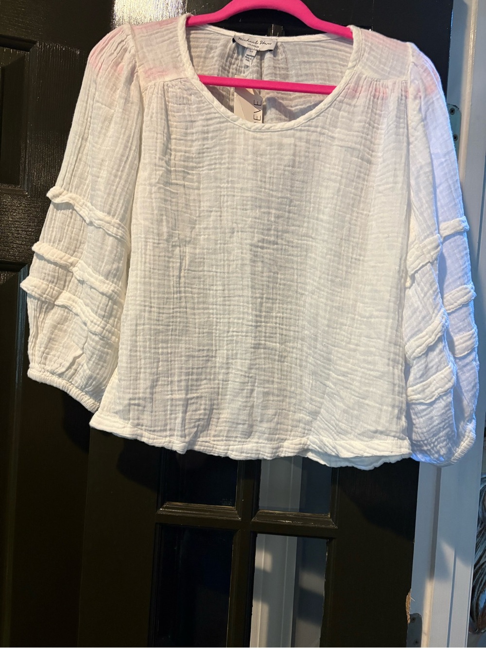 Michael Stars White Split V-Neck Balloon Sleeve Tunic Top